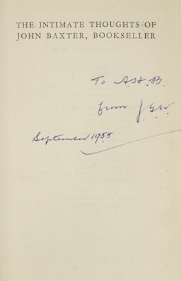 Muir, Augustus - The Intimate Thoughts Of John Baxter, Bookseller, Methuen & Co, 1942, 1st edition, signed by the author and by Cockburn, tipped-in letter from Muir to a Mr Wilson, gilt crushed green morocco by D.K.